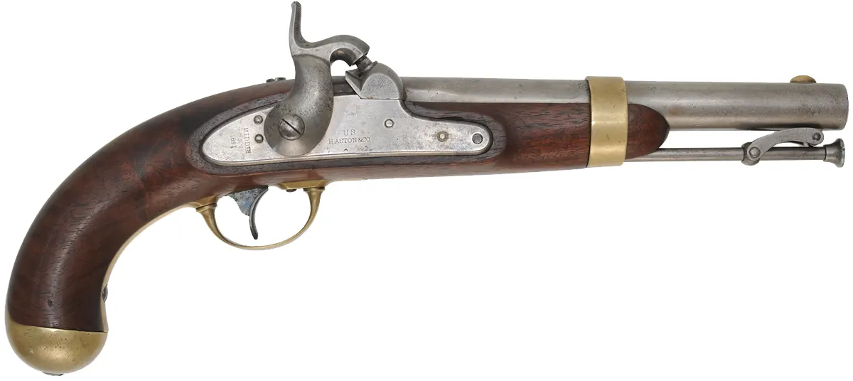 U. S. Model 1842 Aston Pistol,
.54 caliber, 8-1/2" barrel,
percussion, walnut, brass,
1851 date, by H. Aston & Co. U. S. Model 1842 Aston Pistol,
.54 caliber, 8-1/2" barrel,
percussion, walnut, brass,
1851 date, by H. Aston & Co.