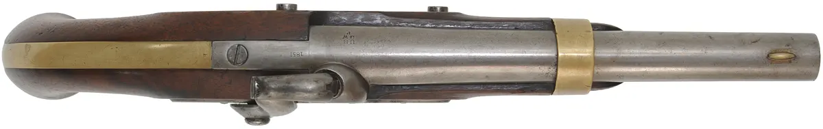 U. S. Model 1842 Aston Pistol,
.54 caliber, 8-1/2" barrel,
percussion, walnut, brass,
1851 date, by H. Aston & Co. U. S. Model 1842 Aston Pistol,
.54 caliber, 8-1/2" barrel,
percussion, walnut, brass,
1851 date, by H. Aston & Co.