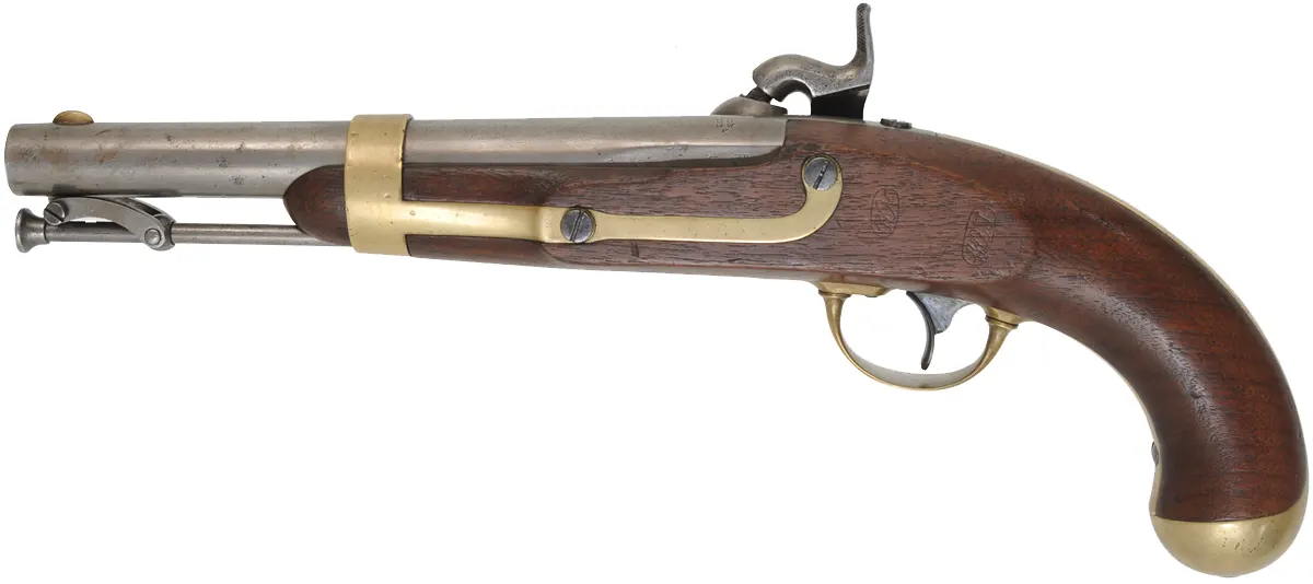 U. S. Model 1842 Aston Pistol,
.54 caliber, 8-1/2" barrel,
percussion, walnut, brass,
1851 date, by H. Aston & Co. U. S. Model 1842 Aston Pistol,
.54 caliber, 8-1/2" barrel,
percussion, walnut, brass,
1851 date, by H. Aston & Co.