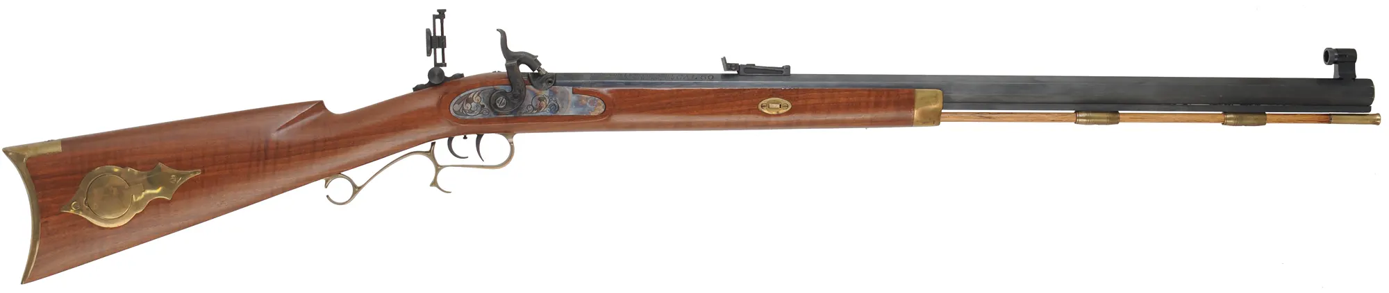 Thompson Center Hawken Rifle, 
.50 caliber, 28" barrel, 
percussion, figured walnut, brass trim, 
Vernier and globe sights, Lyman mold & handles, accessories,
used, by Thompson Center Arms
