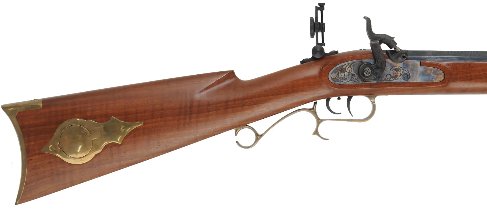 Thompson Center Hawken Rifle, 
.50 caliber, 28" barrel, 
percussion, figured walnut, brass trim, 
Vernier and globe sights, Lyman mold & handles, accessories,
used, by Thompson Center Arms