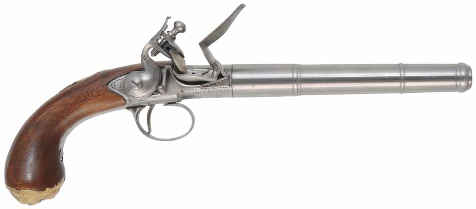Queen Anne Screw Barrel Pistol,
.54 caliber,  6-1/4" screw barrel,
flintlock, walnut, brass furniture, 
new, by Ken Brady