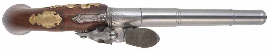 Queen Anne Screw Barrel Pistol,
.54 caliber,  6-1/4" screw barrel,
flintlock, walnut, brass furniture, 
new, by Ken Brady