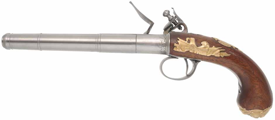 Queen Anne Screw Barrel Pistol,
.54 caliber,  6-1/4" screw barrel,
flintlock, walnut, brass furniture, 
new, by Ken Brady
