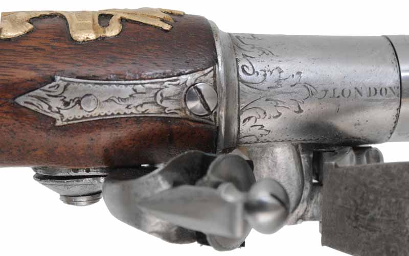 Queen Anne Screw Barrel Pistol,
.54 caliber,  6-1/4" screw barrel,
flintlock, walnut, brass furniture, 
new, by Ken Brady