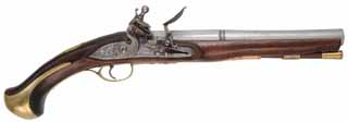 Holster Pistol,
.50 caliber, 10" octagon-to-round barrel,
TRS flintlock, walnut, brass trim, 
new, by Ken Brady