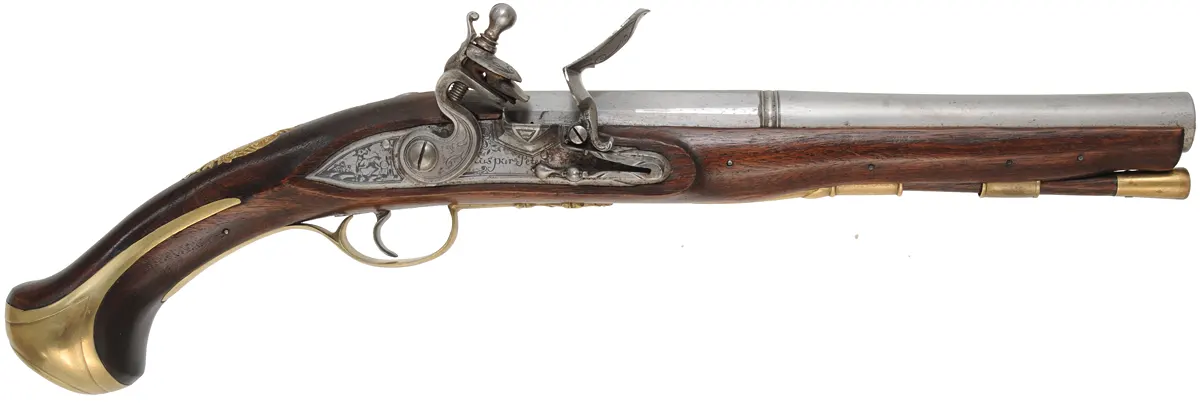 Holster Pistol,
.50 caliber, 10" octagon-to-round barrel,
TRS flintlock, walnut, brass trim,
new, by Ken Brady Holster Pistol,
.50 caliber, 10" octagon-to-round barrel,
TRS flintlock, walnut, brass trim,
new, by Ken Brady
