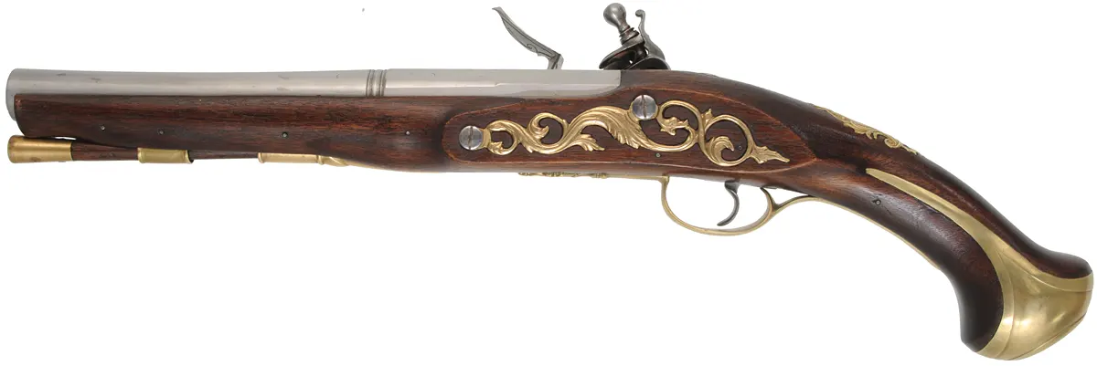 Holster Pistol,
.50 caliber, 10" octagon-to-round barrel,
TRS flintlock, walnut, brass trim,
new, by Ken Brady Holster Pistol,
.50 caliber, 10" octagon-to-round barrel,
TRS flintlock, walnut, brass trim,
new, by Ken Brady