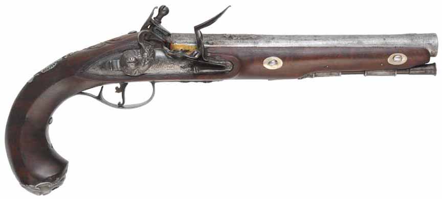 Antique R. Wilson Holster Pistol,
.64 caliber smooth bore, 8-3/4" barrel,
flintlock, walnut, iron,
antique parts, restocked