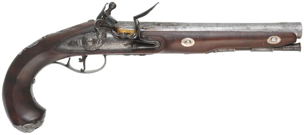 Antique R. Wilson Holster Pistol,
.64 caliber smooth bore, 8-3/4" barrel,
flintlock, walnut, iron,
antique parts, restocked Antique R. Wilson Holster Pistol,
.64 caliber smooth bore, 8-3/4" barrel,
flintlock, walnut, iron,
antique parts, restocked