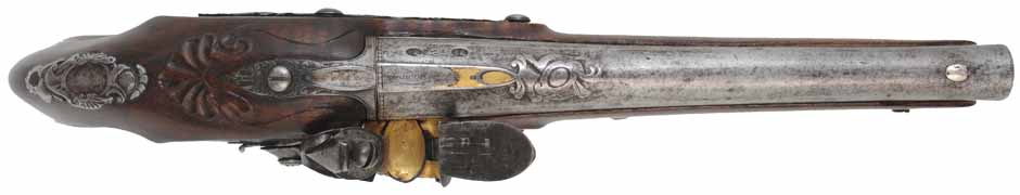 Antique R. Wilson Holster Pistol,
.64 caliber smooth bore, 8-3/4" barrel,
flintlock, walnut, iron,
antique parts, restocked