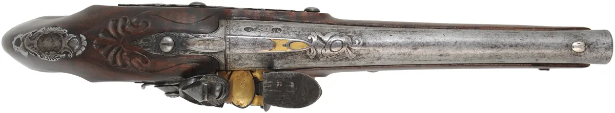 Antique R. Wilson Holster Pistol,
.64 caliber smooth bore, 8-3/4" barrel,
flintlock, walnut, iron,
antique parts, restocked Antique R. Wilson Holster Pistol,
.64 caliber smooth bore, 8-3/4" barrel,
flintlock, walnut, iron,
antique parts, restocked