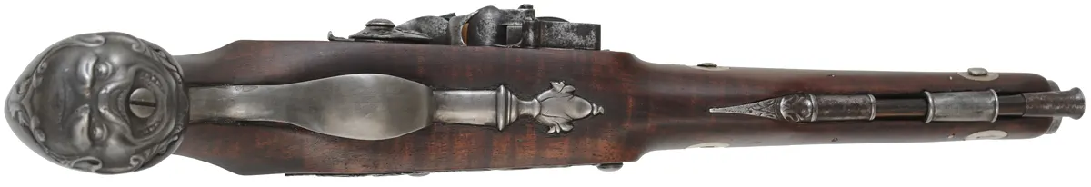 Antique R. Wilson Holster Pistol,
.64 caliber smooth bore, 8-3/4" barrel,
flintlock, walnut, iron,
antique parts, restocked Antique R. Wilson Holster Pistol,
.64 caliber smooth bore, 8-3/4" barrel,
flintlock, walnut, iron,
antique parts, restocked