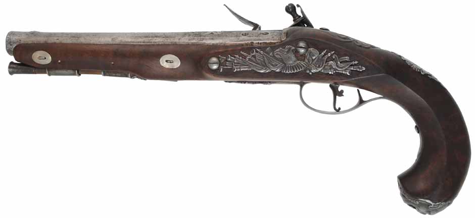 Antique R. Wilson Holster Pistol,
.64 caliber smooth bore, 8-3/4" barrel,
flintlock, walnut, iron,
antique parts, restocked