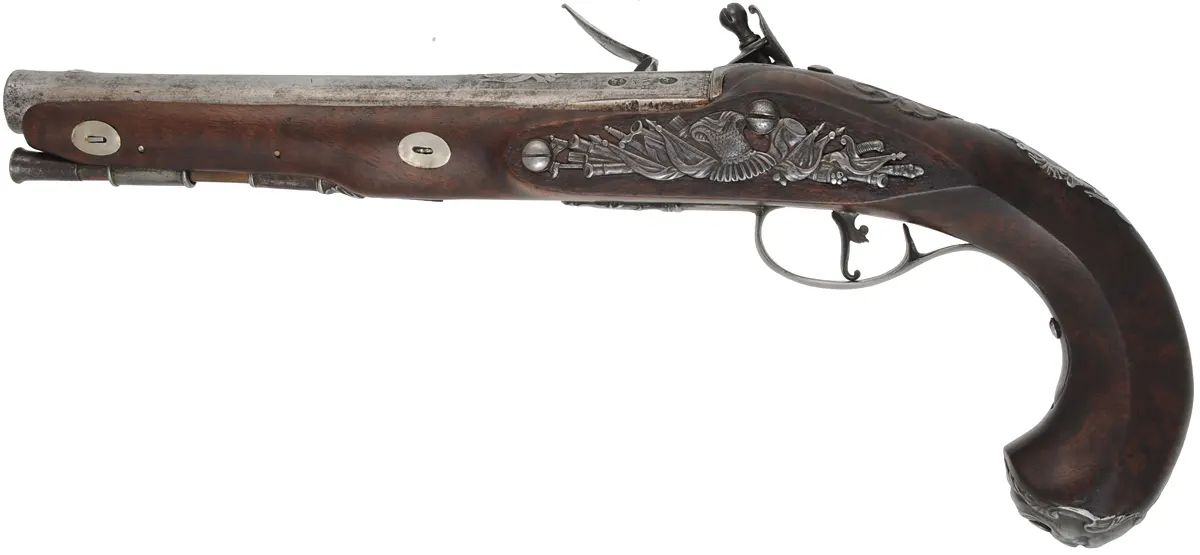 Antique R. Wilson Holster Pistol,
.64 caliber smooth bore, 8-3/4" barrel,
flintlock, walnut, iron,
antique parts, restocked Antique R. Wilson Holster Pistol,
.64 caliber smooth bore, 8-3/4" barrel,
flintlock, walnut, iron,
antique parts, restocked