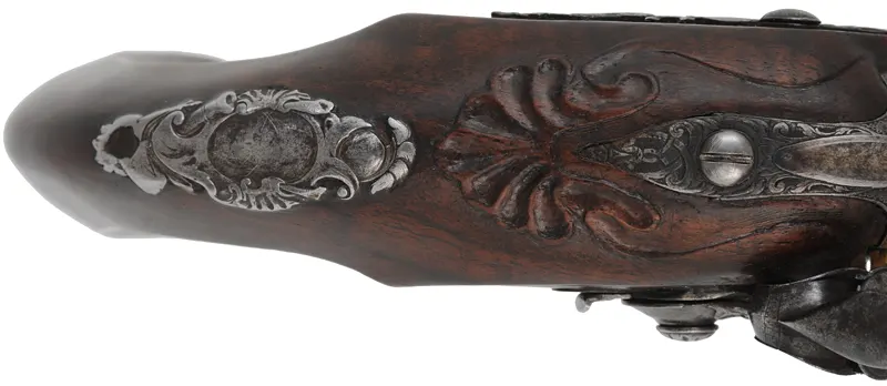 Antique R. Wilson Holster Pistol,
.64 caliber smooth bore, 8-3/4" barrel,
flintlock, walnut, iron,
antique parts, restocked Antique R. Wilson Holster Pistol,
.64 caliber smooth bore, 8-3/4" barrel,
flintlock, walnut, iron,
antique parts, restocked