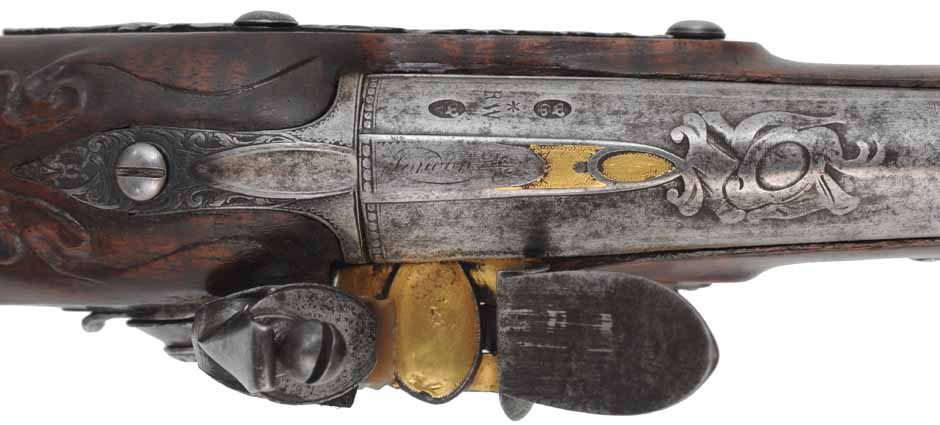 Antique R. Wilson Holster Pistol,
.64 caliber smooth bore, 8-3/4" barrel,
flintlock, walnut, iron,
antique parts, restocked