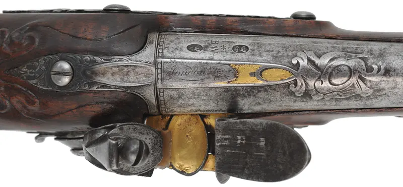 Antique R. Wilson Holster Pistol,
.64 caliber smooth bore, 8-3/4" barrel,
flintlock, walnut, iron,
antique parts, restocked Antique R. Wilson Holster Pistol,
.64 caliber smooth bore, 8-3/4" barrel,
flintlock, walnut, iron,
antique parts, restocked