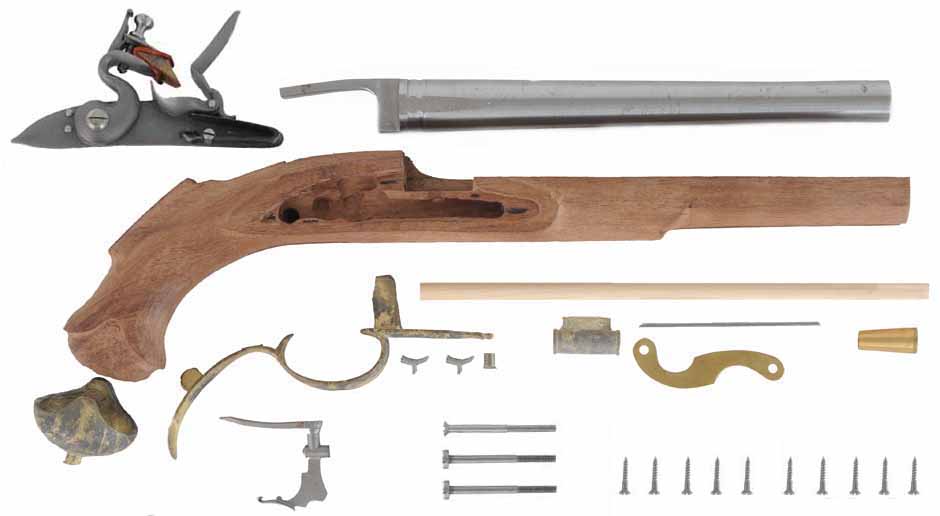 Elliot Light Dragoon Pistol Kit,
.62 caliber smooth bore, 9" barrel,
Chambers flintlock, walnut, brass,
unassembled parts set, some inletting performed