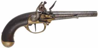 Antique 1777 French Officer's Pistol,
.69 caliber smoothbore, 7-1/2" barrel,
flintlock, walnut, brass, belt hook,
1782 production date