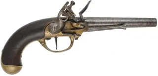 Antique 1777 French Officer's Pistol,
.69 caliber smoothbore, 7-1/2" barrel,
flintlock, walnut, brass, belt hook,
1782 production date