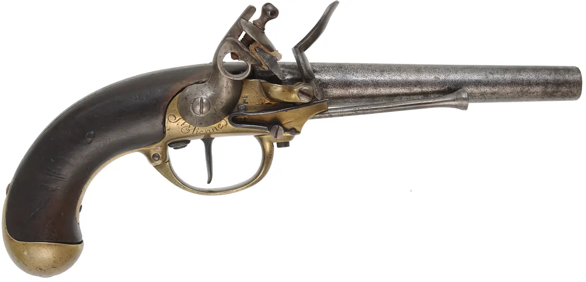 Antique 1777 French Officer's Pistol,
.69 caliber smoothbore, 7-1/2" barrel,
flintlock, walnut, brass, belt hook,
1782 production date Antique 1777 French Officer's Pistol,
.69 caliber smoothbore, 7-1/2" barrel,
flintlock, walnut, brass, belt hook,
1782 production date