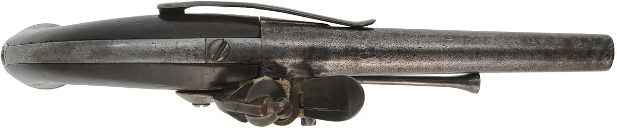 Antique 1777 French Officer's Pistol,
.69 caliber smoothbore, 7-1/2" barrel,
flintlock, walnut, brass, belt hook,
1782 production date Antique 1777 French Officer's Pistol,
.69 caliber smoothbore, 7-1/2" barrel,
flintlock, walnut, brass, belt hook,
1782 production date