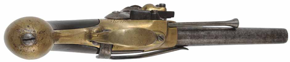 Antique 1777 French Officer's Pistol,
.69 caliber smoothbore, 7-1/2" barrel,
flintlock, walnut, brass, belt hook,
1782 production date