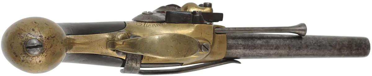 Antique 1777 French Officer's Pistol,
.69 caliber smoothbore, 7-1/2" barrel,
flintlock, walnut, brass, belt hook,
1782 production date Antique 1777 French Officer's Pistol,
.69 caliber smoothbore, 7-1/2" barrel,
flintlock, walnut, brass, belt hook,
1782 production date