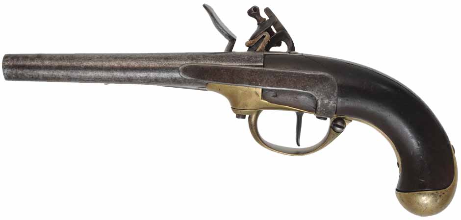 Antique 1777 French Officer's Pistol,
.69 caliber smoothbore, 7-1/2" barrel,
flintlock, walnut, brass, belt hook,
1782 production date