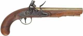 Antique Trade Pistol, 
.58 caliber, 7-3/4" brass barrel, 
flintlock, walnut, brass trim, 
original flint lock marked Sharpe
