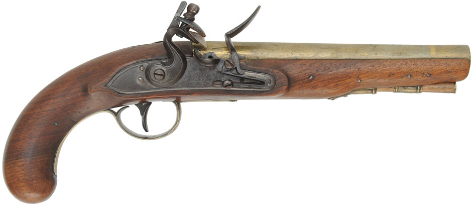 Antique Trade Pistol,
.58 caliber, 7-3/4" brass barrel,
flintlock, walnut, brass trim,
original flint lock marked Sharpe Antique Trade Pistol,
.58 caliber, 7-3/4" brass barrel,
flintlock, walnut, brass trim,
original flint lock marked Sharpe
