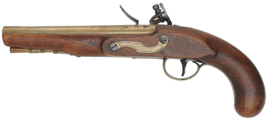 Antique Trade Pistol,
.58 caliber, 7-3/4" brass barrel,
flintlock, walnut, brass trim,
original flint lock marked Sharpe Antique Trade Pistol,
.58 caliber, 7-3/4" brass barrel,
flintlock, walnut, brass trim,
original flint lock marked Sharpe