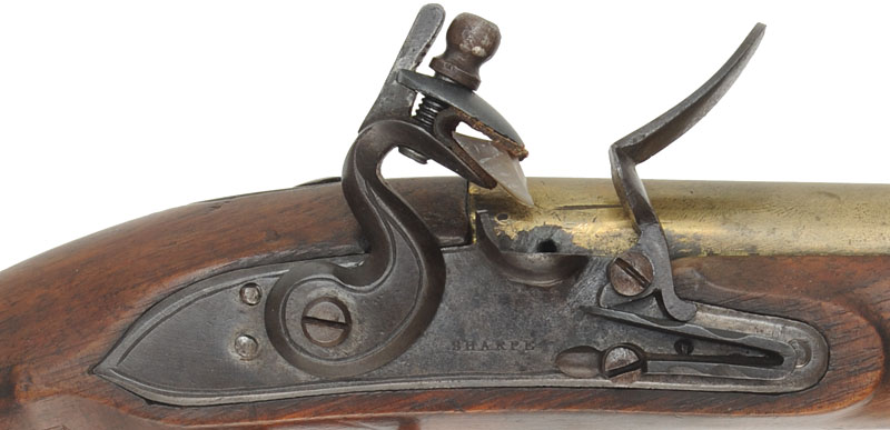 Antique Trade Pistol,
.58 caliber, 7-3/4" brass barrel,
flintlock, walnut, brass trim,
original flint lock marked Sharpe Antique Trade Pistol,
.58 caliber, 7-3/4" brass barrel,
flintlock, walnut, brass trim,
original flint lock marked Sharpe