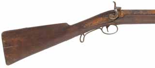 Relic ~ Antique Halfstock Fowler,
14 gauge, 46" octagon-to-round barrel, 
percussion, walnut, brass,
cracks, decorator use