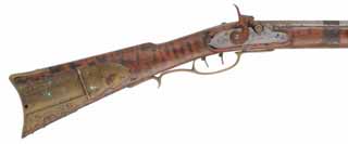  Relic ~ Antique Halfstock Rifle , .50 caliber, 31-1/2" barrel, percussion, maple, brass, cracks, tape residue, signed JJ Mewhinter, decorator use
