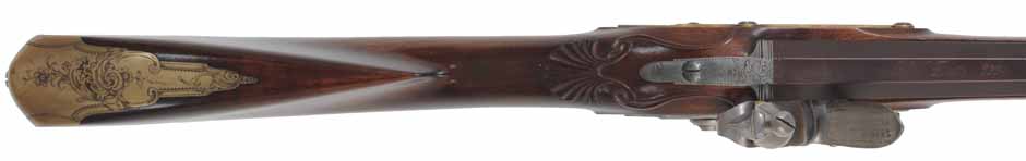 Fowling Gun,
20 gauge, 43" octagon-to-round barrel,
flintlock, walnut, engraved brass,
used, by R. W. Dietz Fowling Gun,
20 gauge, 43" octagon-to-round barrel,
flintlock, walnut, engraved brass,
used, by R. W. Dietz