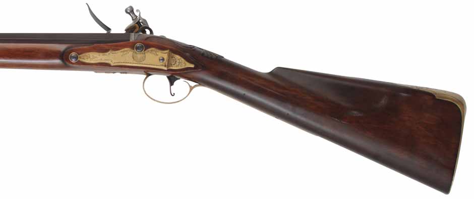 Fowling Gun,
20 gauge, 43" octagon-to-round barrel,
flintlock, walnut, engraved brass,
used, by R. W. Dietz Fowling Gun,
20 gauge, 43" octagon-to-round barrel,
flintlock, walnut, engraved brass,
used, by R. W. Dietz