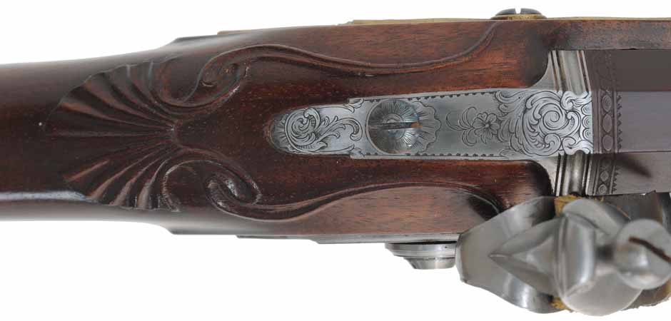 Fowling Gun,
20 gauge, 43" octagon-to-round barrel,
flintlock, walnut, engraved brass,
used, by R. W. Dietz Fowling Gun,
20 gauge, 43" octagon-to-round barrel,
flintlock, walnut, engraved brass,
used, by R. W. Dietz