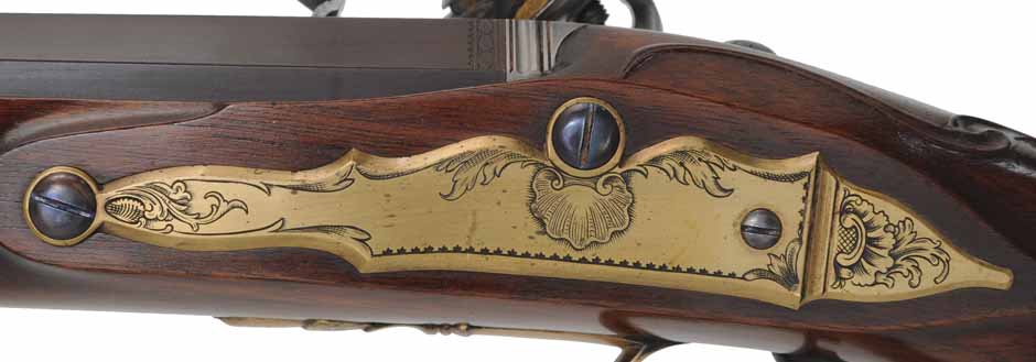 Fowling Gun,
20 gauge, 43" octagon-to-round barrel,
flintlock, walnut, engraved brass,
used, by R. W. Dietz Fowling Gun,
20 gauge, 43" octagon-to-round barrel,
flintlock, walnut, engraved brass,
used, by R. W. Dietz