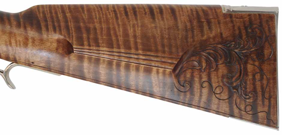 Lancaster County, Pennsylvania "Grand" Rifle,
.50 caliber, 42" swamped barrel,
flintlock, curly maple, engraved nickel sliver, 
unfired, by M. Avance & B. Horne