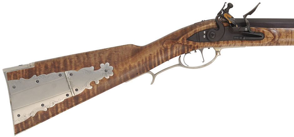 Lancaster County, Pennsylvania "Grand" Rifle,
.50 caliber, 42" swamped barrel,
flintlock, curly maple, engraved nickel sliver, 
unfired, by M. Avance & B. Horne