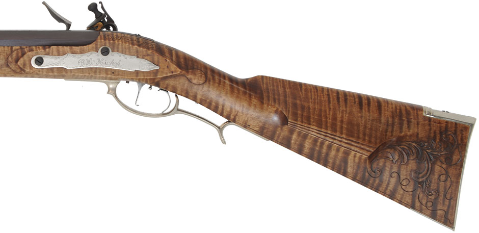 Lancaster County, Pennsylvania "Grand" Rifle,
.50 caliber, 42" swamped barrel,
flintlock, curly maple, engraved nickel sliver, 
unfired, by M. Avance & B. Horne