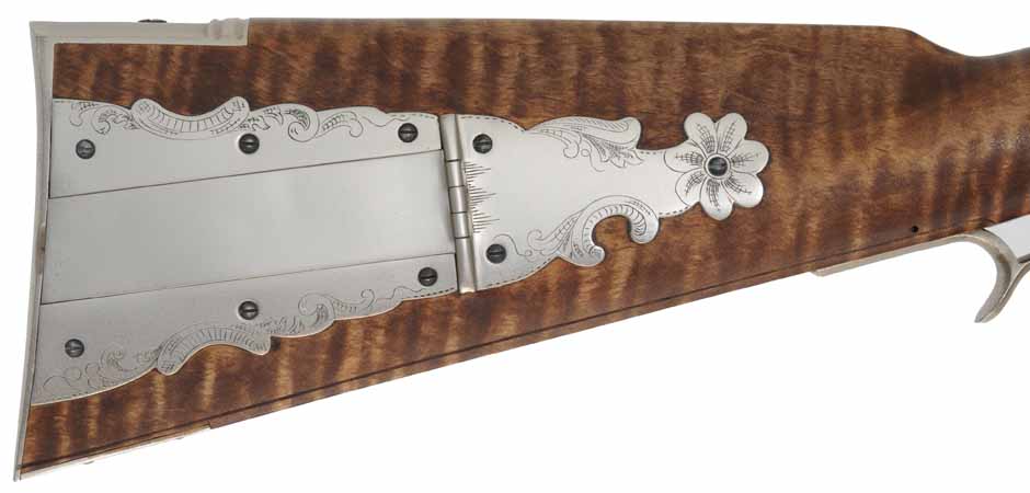 Lancaster County, Pennsylvania "Grand" Rifle,
.50 caliber, 42" swamped barrel,
flintlock, curly maple, engraved nickel sliver, 
unfired, by M. Avance & B. Horne