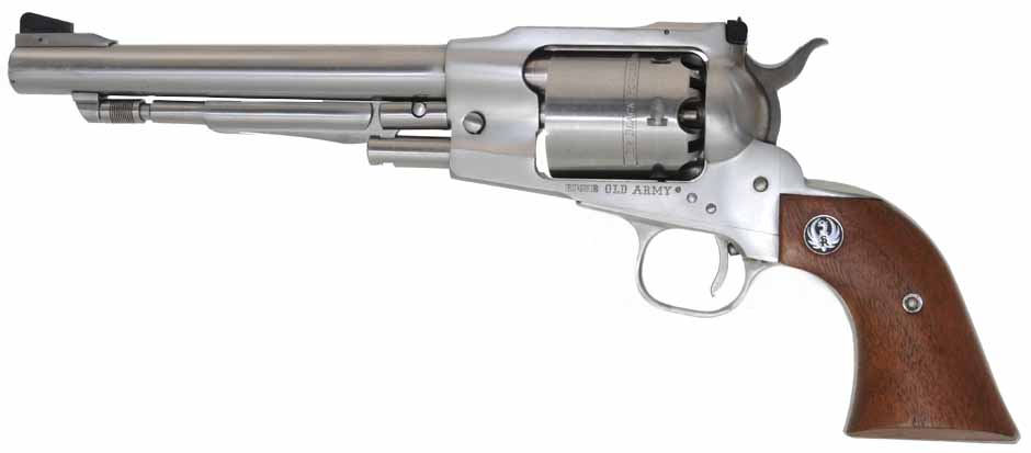 Ruger Old Army Revolver,
.45 caliber, 7-1/2" barrel,
percussion, stainless, target sights,
used, with belt and holster Ruger Old Army Revolver,
.45 caliber, 7-1/2" barrel,
percussion, stainless, target sights,
used, with belt and holster