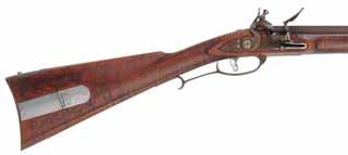Lancaster Longrifle,
.40 caliber, 38" Getz swamped barrel,
Siler flintlock, curly maple, iron,
used, by J. Goodoien