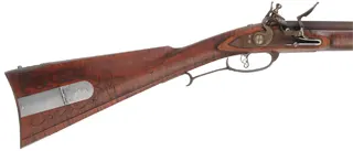 Lancaster Longrifle,
.40 caliber, 38" Getz swamped barrel,
Siler flintlock, curly maple, iron,
used, by J. Goodoien