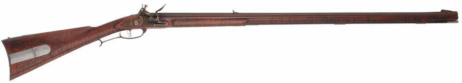 Lancaster Longrifle,
.40 caliber, 38" Getz swamped barrel,
Siler flintlock, curly maple, iron,
used, by J. Goodoien Lancaster Longrifle,
.40 caliber, 38" Getz swamped barrel,
Siler flintlock, curly maple, iron,
used, by J. Goodoien