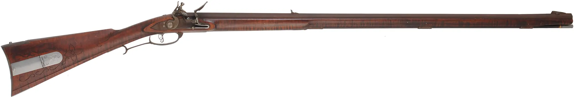 Lancaster Longrifle,
.40 caliber, 38" Getz swamped barrel,
Siler flintlock, curly maple, iron,
used, by J. Goodoien Lancaster Longrifle,
.40 caliber, 38" Getz swamped barrel,
Siler flintlock, curly maple, iron,
used, by J. Goodoien