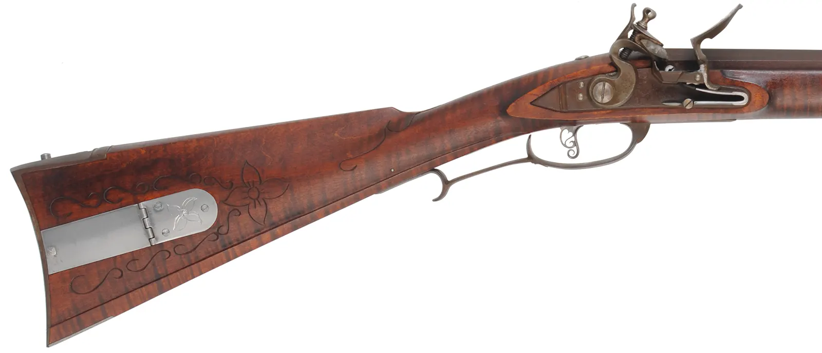 Lancaster Longrifle,
.40 caliber, 38" Getz swamped barrel,
Siler flintlock, curly maple, iron,
used, by J. Goodoien Lancaster Longrifle,
.40 caliber, 38" Getz swamped barrel,
Siler flintlock, curly maple, iron,
used, by J. Goodoien